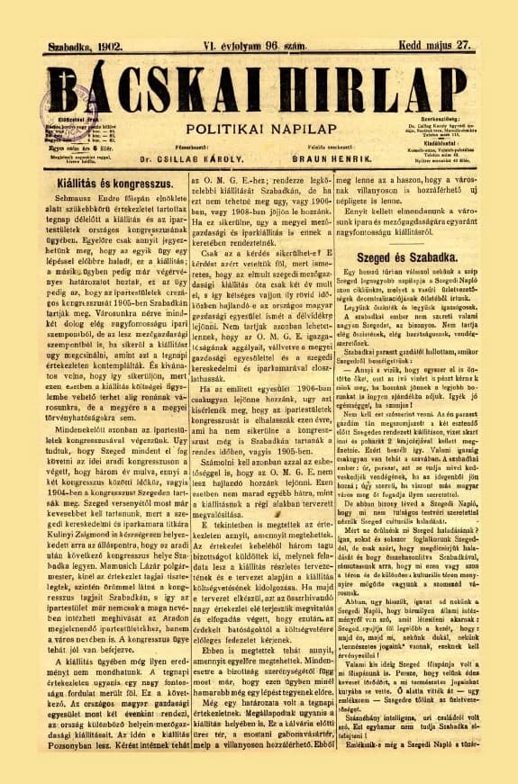 Bácskai Hirlap, 6. évf. 1902. május 27. 96. sz.