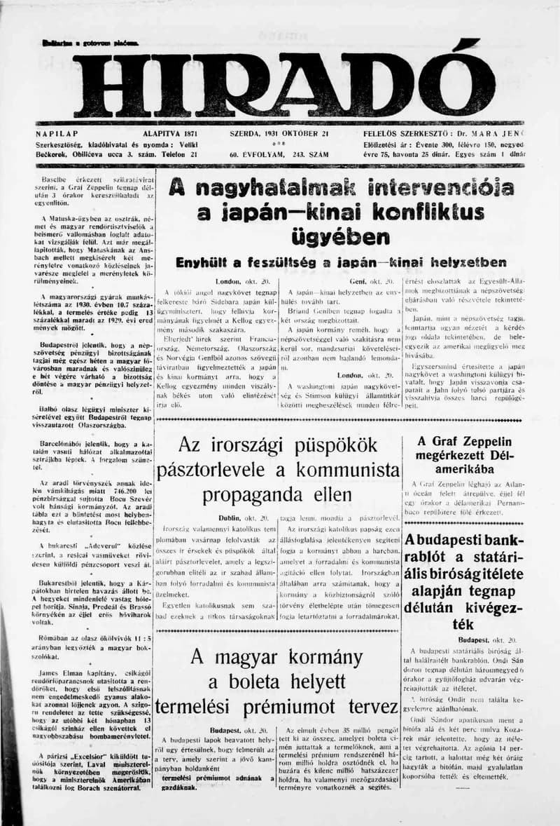 Híradó, 60. évf. 1931. október 21. 243. sz.