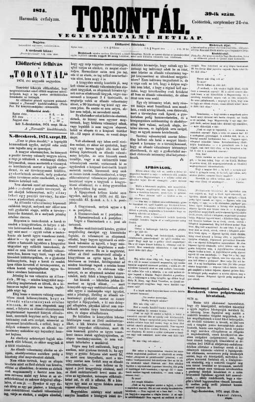 Torontál, 3. évf. 1874. szeptember 24. 39. sz.