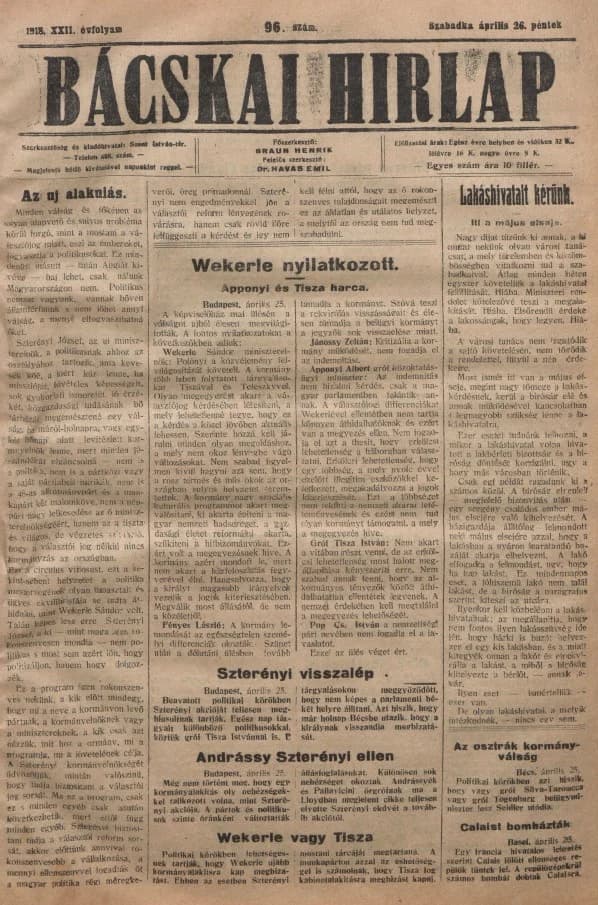 Bácskai Hirlap, 22. évf. 1918. április 26. 96. sz.