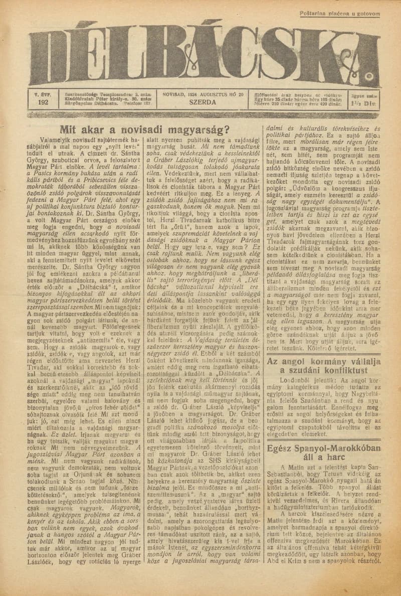Délbácska, 5. évf. 1924. augusztus 20. 192. sz.