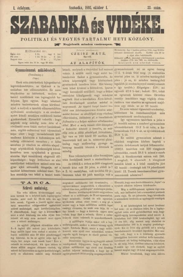 Szabadka és vidéke II, 1. évf. 1893. október 1. 33. sz.