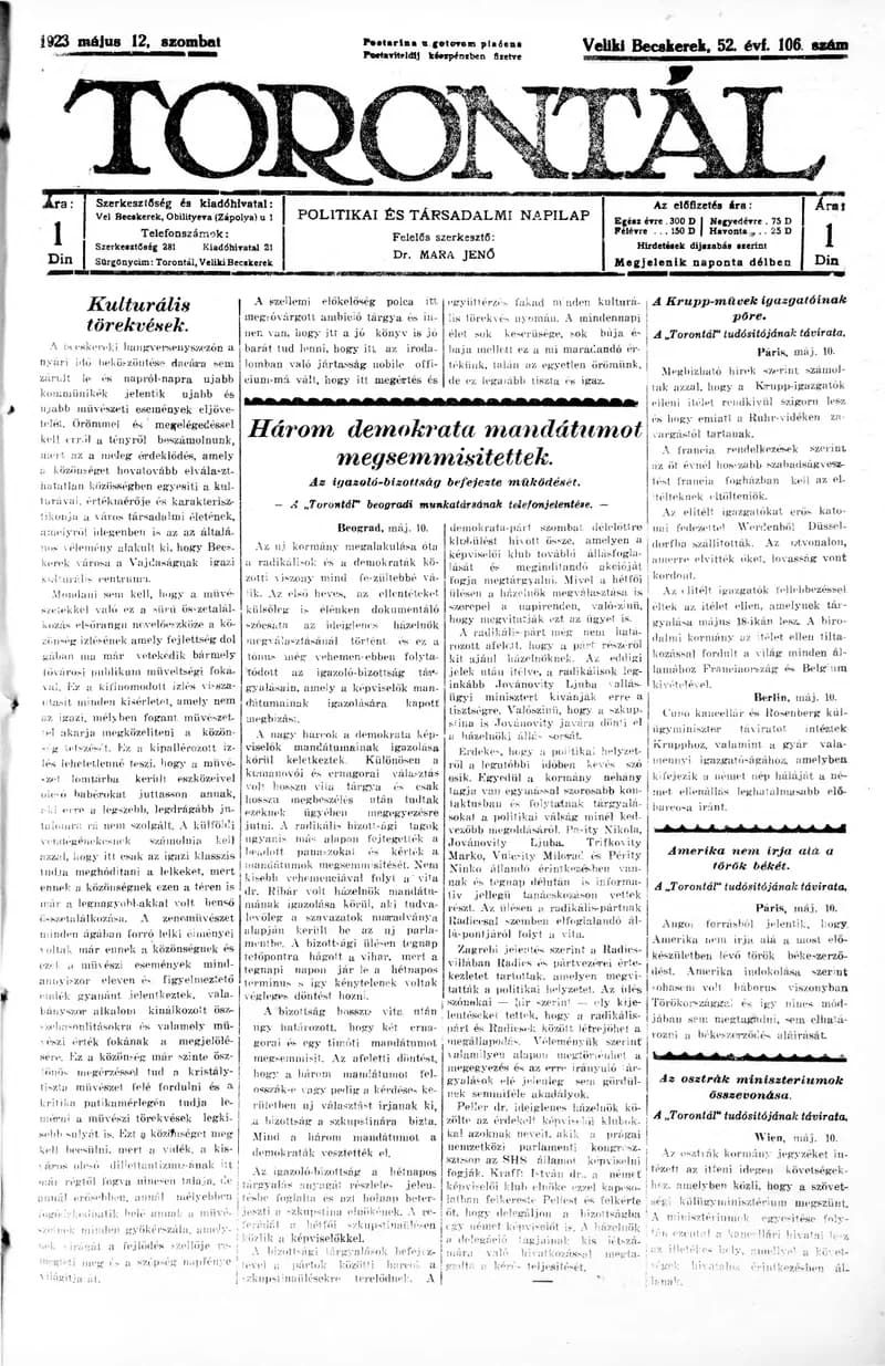 Torontál, 52. évf. 1923. május 12. 106. sz.