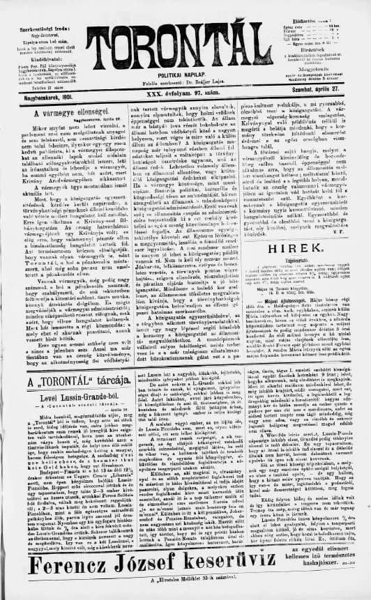 Torontál, 30. évf. 1901. április 27. 97. sz.