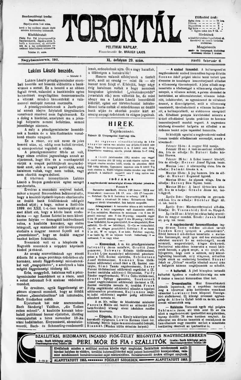 Torontál, 40. évf. 1911. február 6. 29. sz.