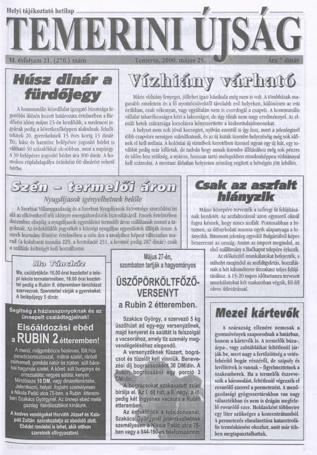 Temerini Újság, 6. évf. 2000. május 25. 21. sz.