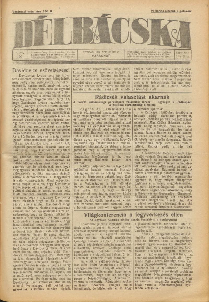 Délbácska, 5. évf. 1924. április 27. 100. sz.