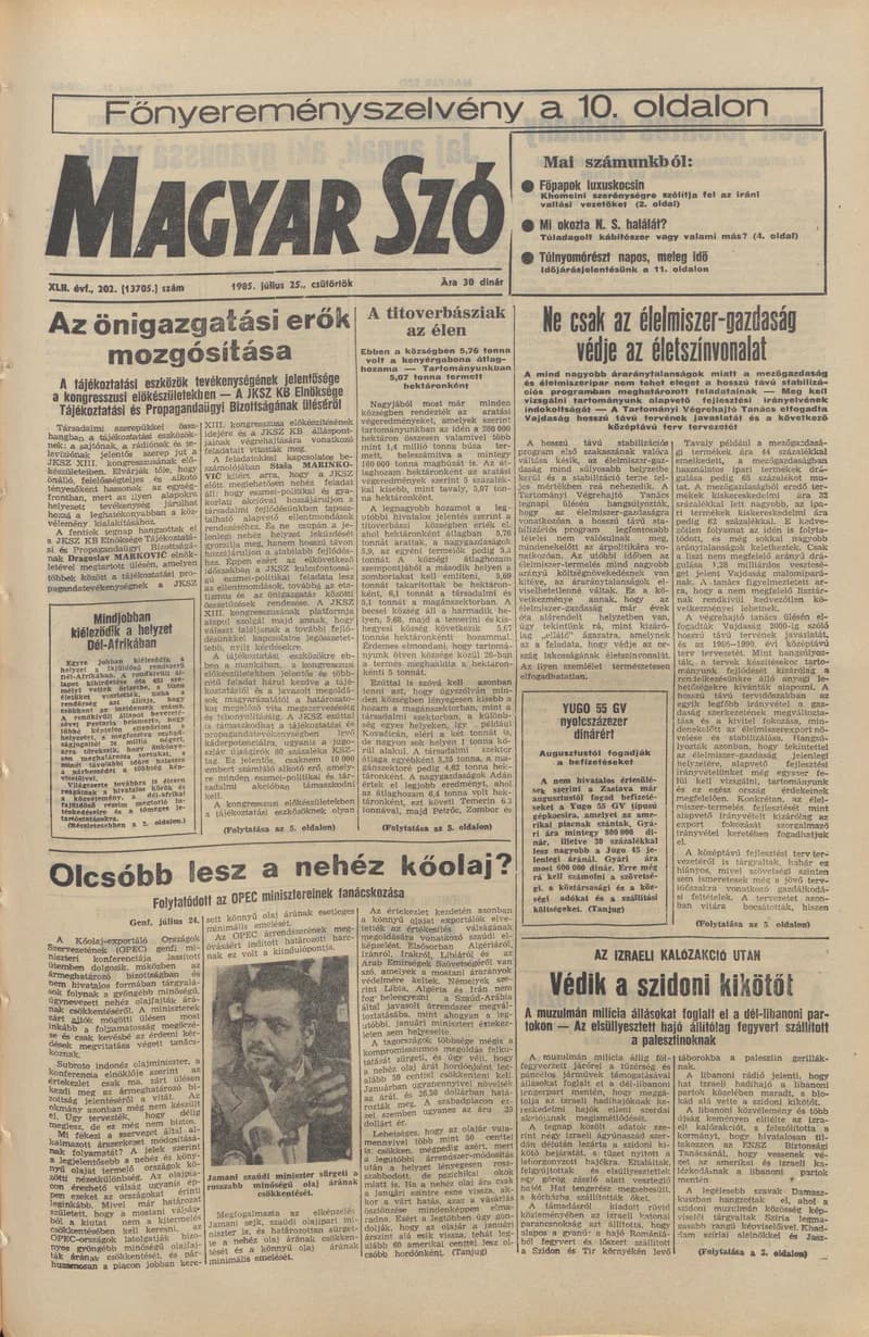 Magyar Szó, 42. évf. 1985. július 25. 202. sz. 1–16. oldal