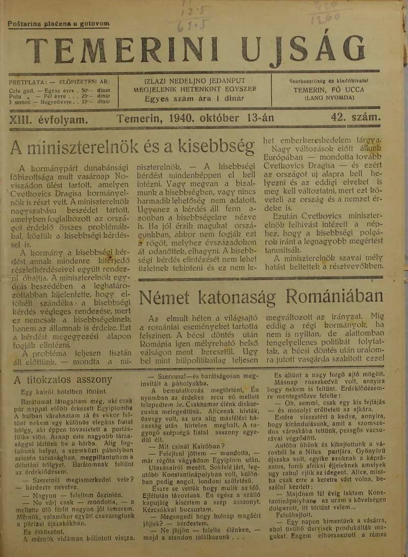 Temerini Újság 1928-1944, 13. évf. 1940. október 13. 42. sz.