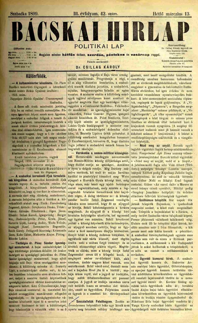 Bácskai Hirlap, 3. évf. 1899. március 13. 42. sz.