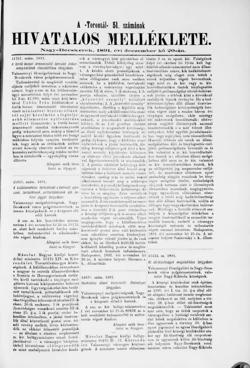 A Totontál  hivatalos melléklete, 4. évf. 1891. december 20. 51. sz.