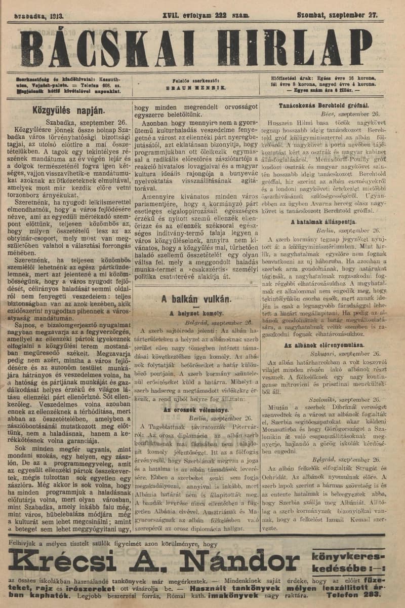 Bácskai Hirlap, 17. évf. 1913. szeptember 27. 222. sz.