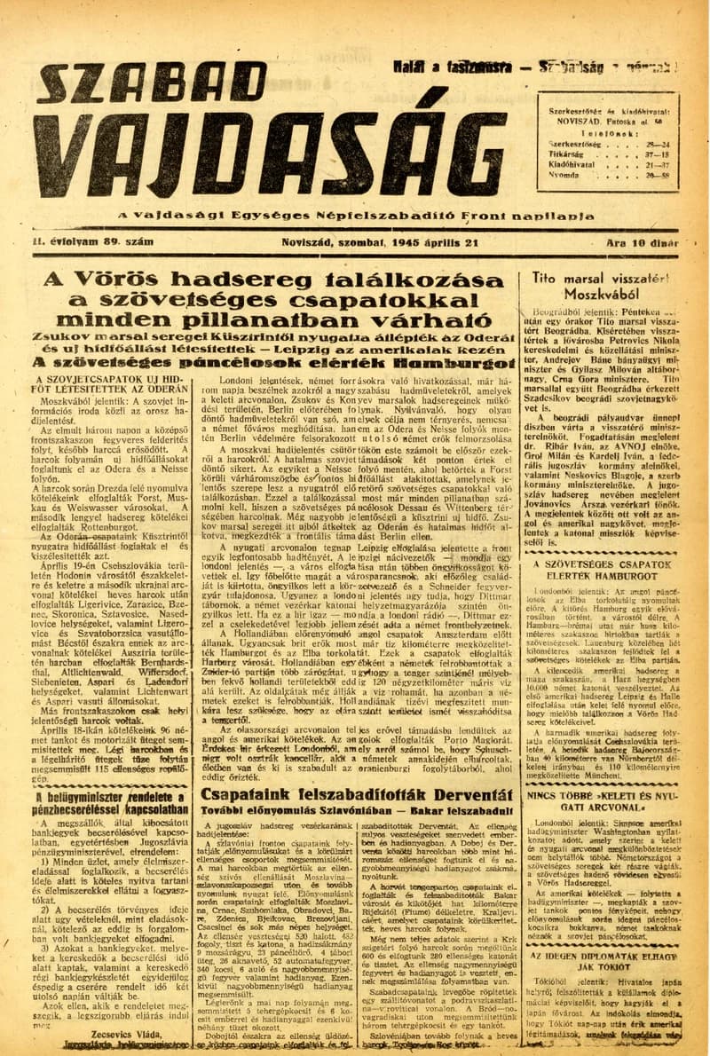 Szabad Vajdaság, 2. évf. 1945. április 21. 89. sz.