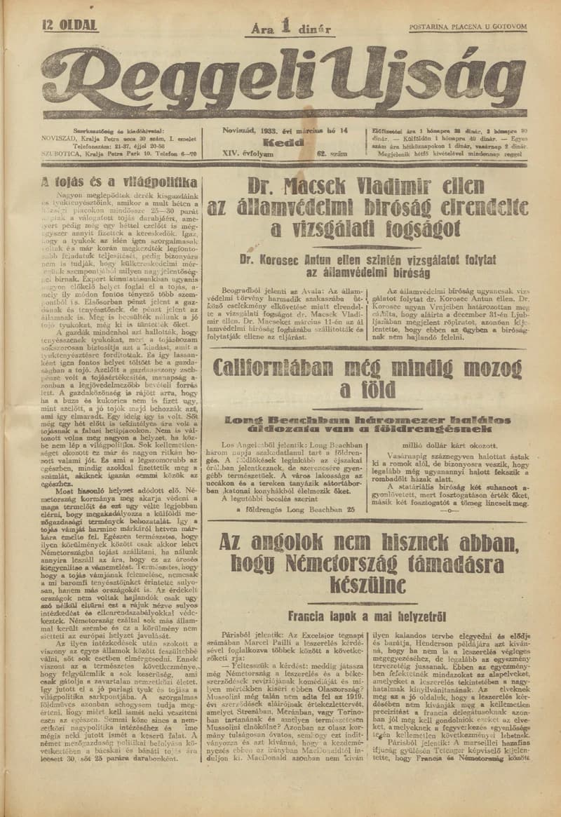 Reggeli Újság, 14. évf. 1933. március 14. 62. sz.