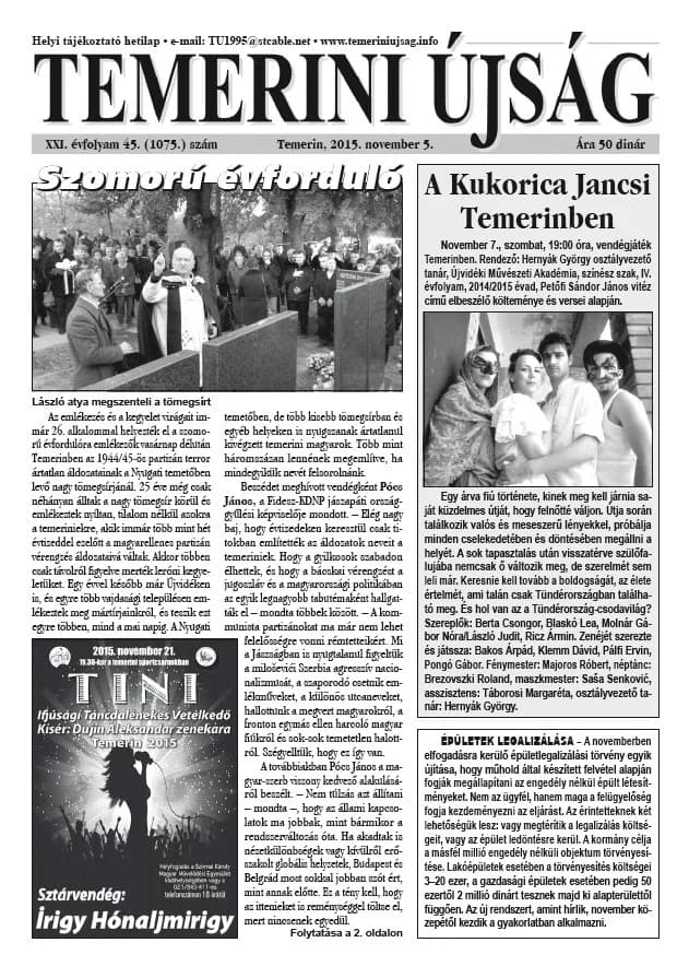 Temerini Újság, 21. évf. 2015. november 5. 45. sz.