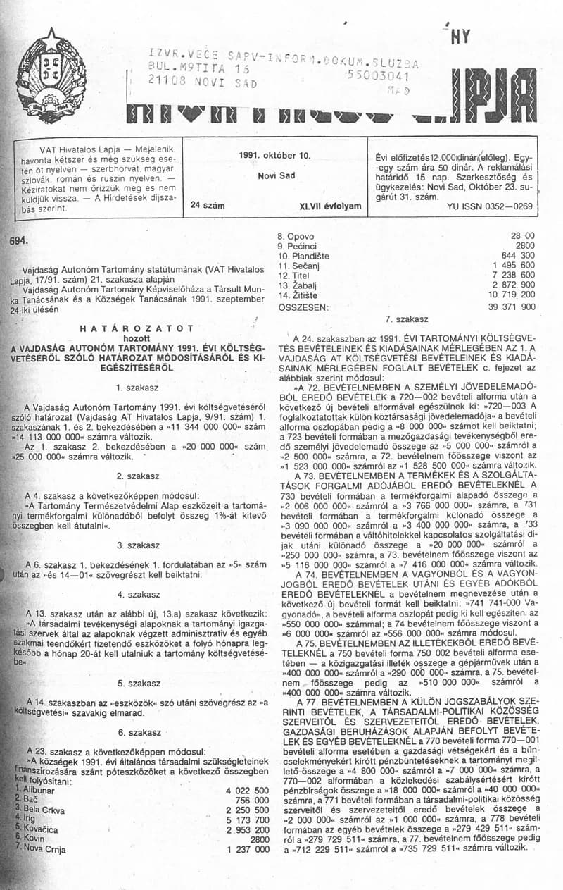 Vajdaság Szocialista Autonóm Tartomány Hivatalos Lapja, 47. évf. 1991. október 10. 24. sz.