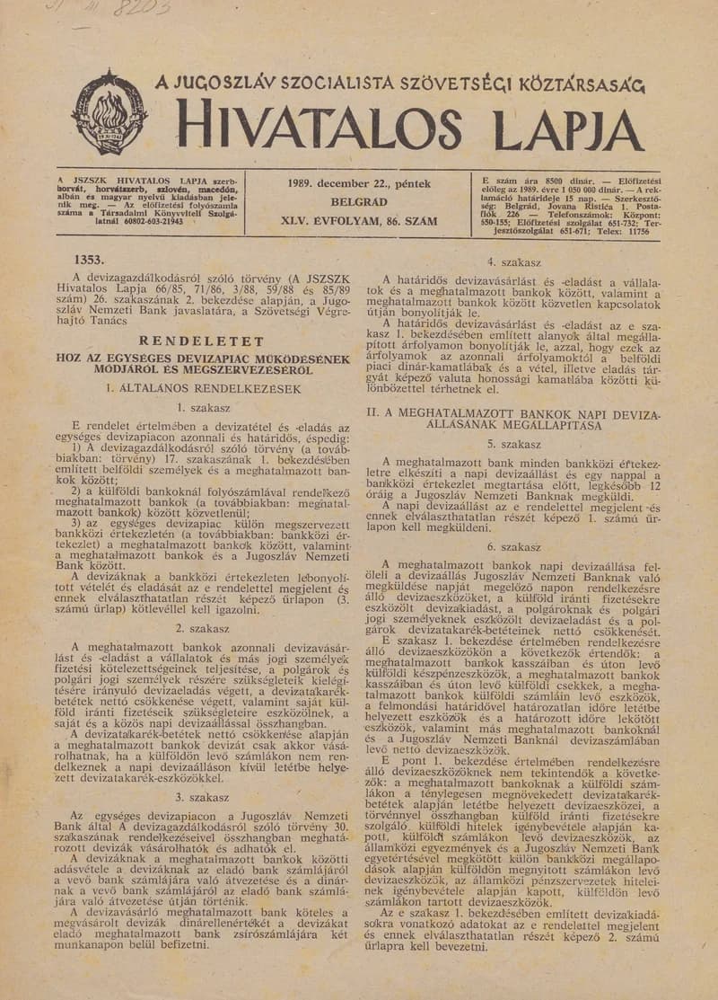 A Jugoszláv Szocialista Szövetségi Köztársaság Hivatalos Lapja, 45. évf. 1989. december 22. 86. sz. 2125–2128. oldal