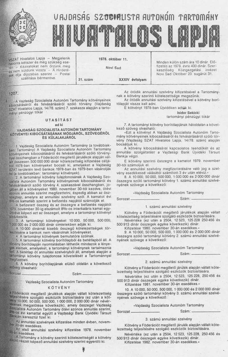 Vajdaság Szocialista Autonóm Tartomány Hivatalos Lapja, 34. évf. 1978. október 11. 31. sz. 1377–1384. oldal