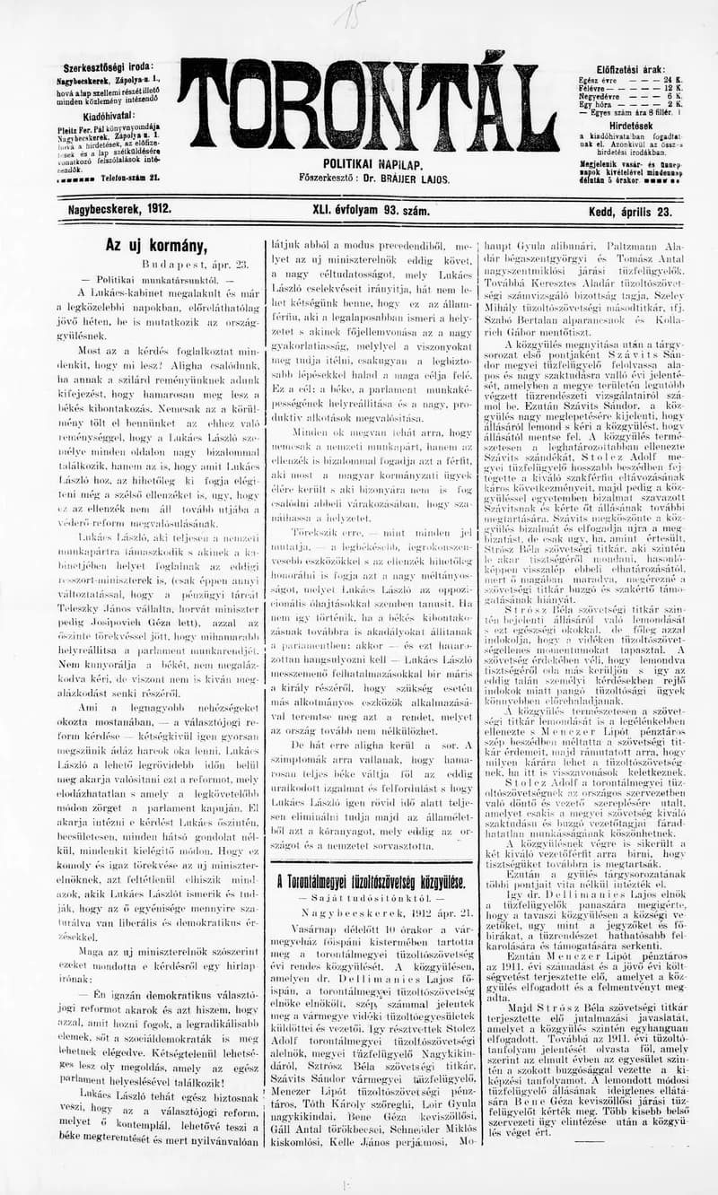 Torontál, 41. évf. 1912. április 23. 93. sz.
