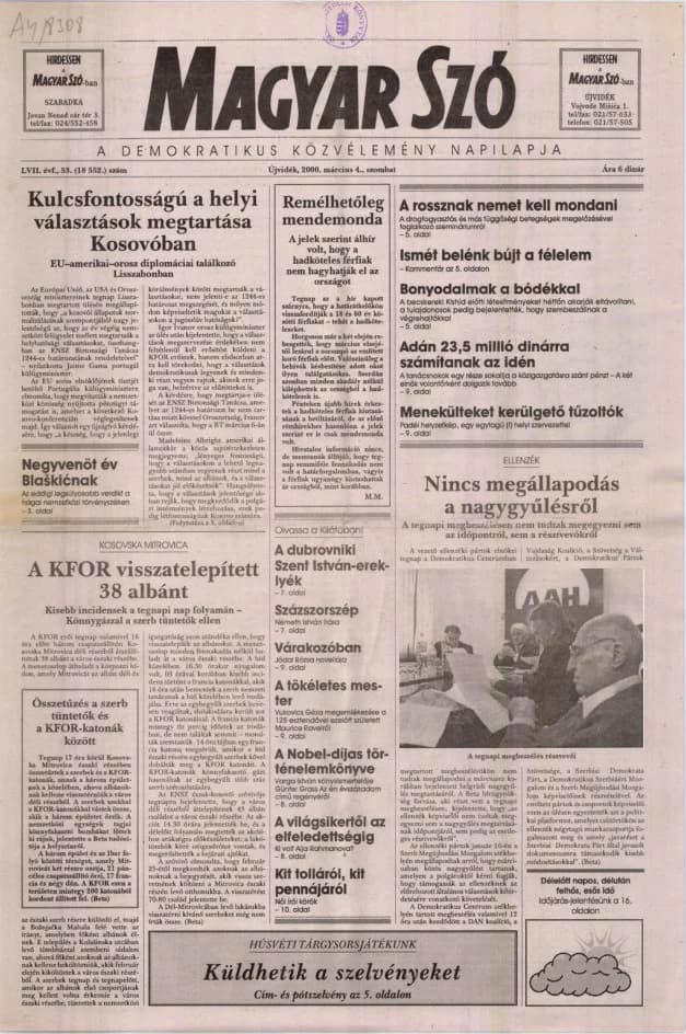 Magyar Szó, 57. évf. 2000. március 4. 53. sz. 1–16. oldal