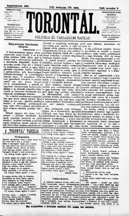 Torontál, 21. évf. 1892. november 8. 236. sz.
