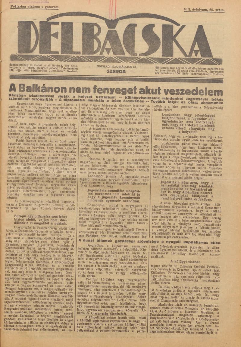 Délbácska, 8. évf. 1927. március 23. 68. sz.