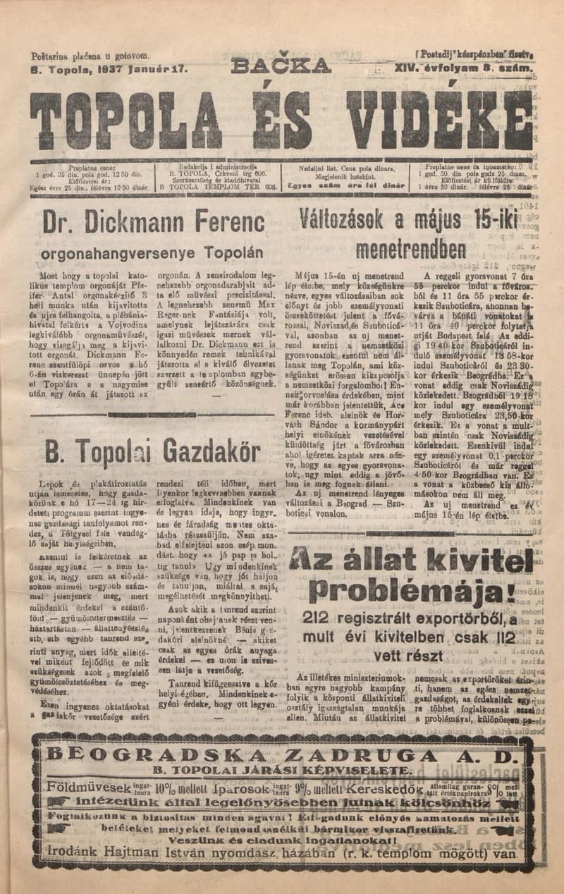 Bačka Topola és Vidéke, 14. évf. 1937. január 17. 3. sz.