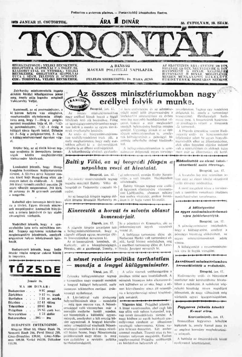 Torontál, 58. évf. 1929. január 17. 13. sz.