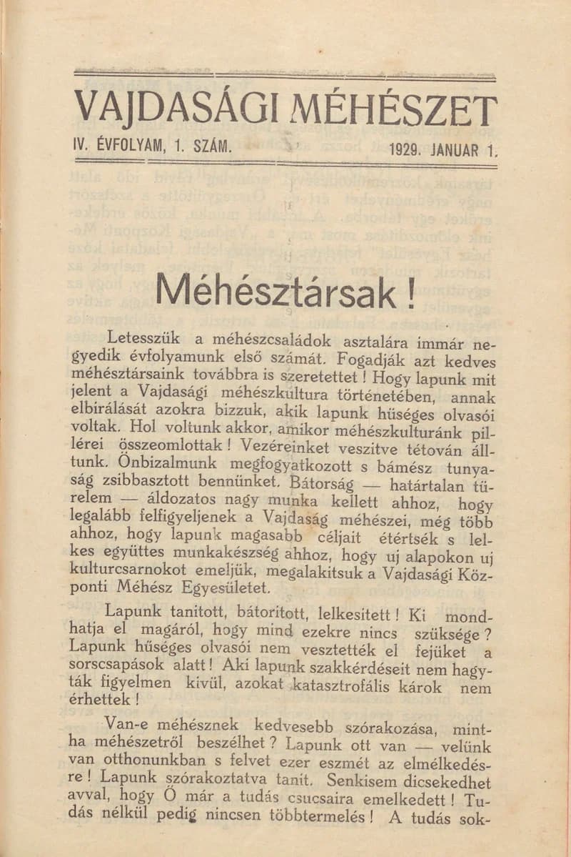 Vajdasági méhészet, 4. évf. 1929. január 1. 1. sz.