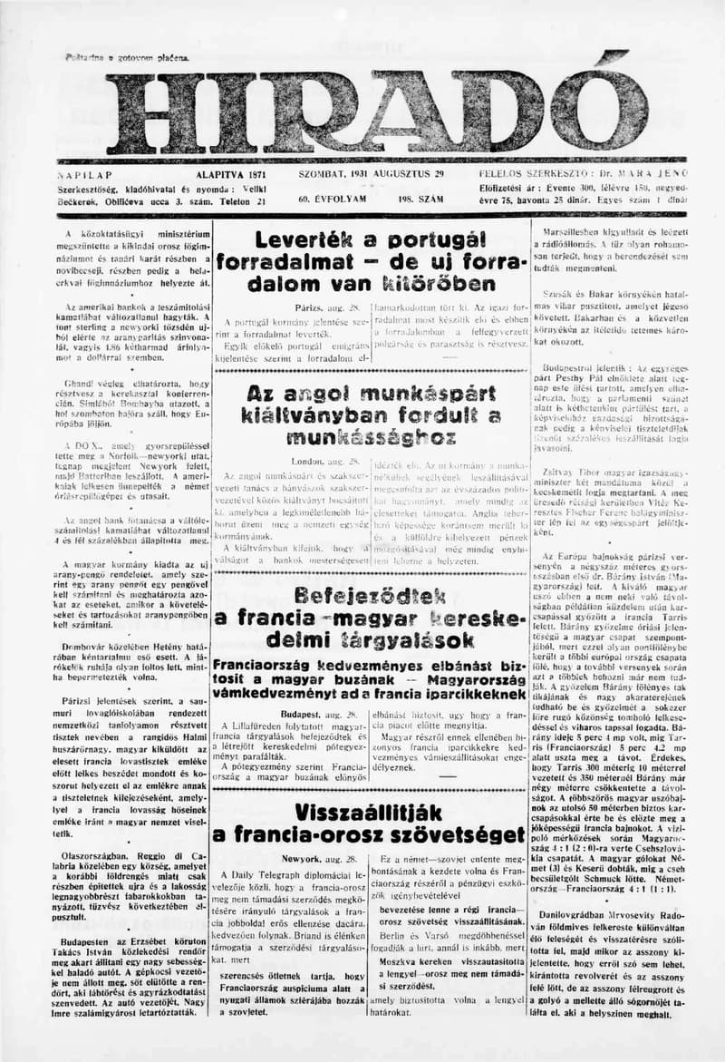 Híradó, 60. évf. 1931. augusztus 29. 198. sz.
