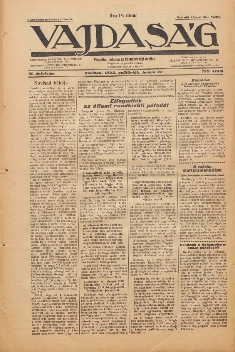 Vajdaság, 3. évf. 1923. június 21. 139. sz.