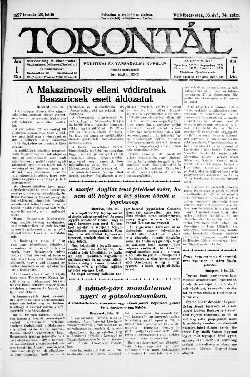 Torontál, 56. évf. 1927. február 28. 47. sz.