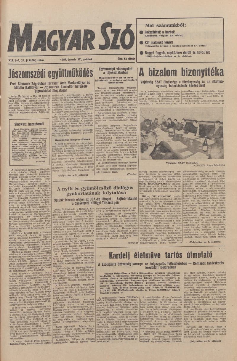 Magyar Szó, 41. évf. 1984. január 27. 25. sz. 1–20. oldal