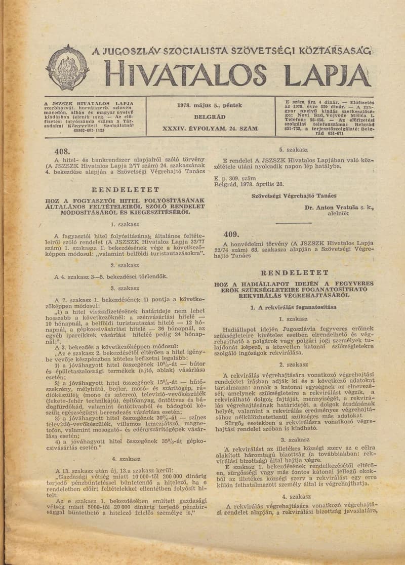 A Jugoszláv Szocialista Szövetségi Köztársaság Hivatalos Lapja, 34. évf. 1978. május 5. 24. sz. 969–984. oldal