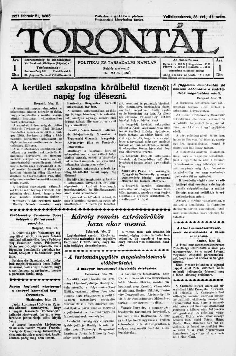 Torontál, 56. évf. 1927. február 21. 41. sz.