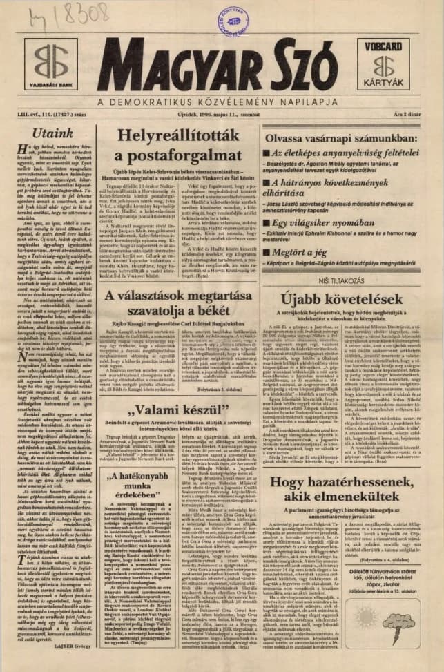 Magyar Szó, 53. évf. 1996. május 11. 110. sz. 1–16. oldal