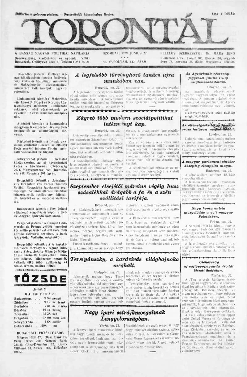 Torontál, 58. évf. 1929. június 22. 142. sz.