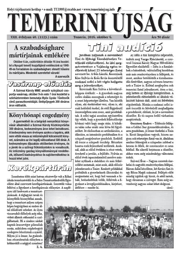 Temerini Újság, 22. évf. 2016. október 6. 40. sz.