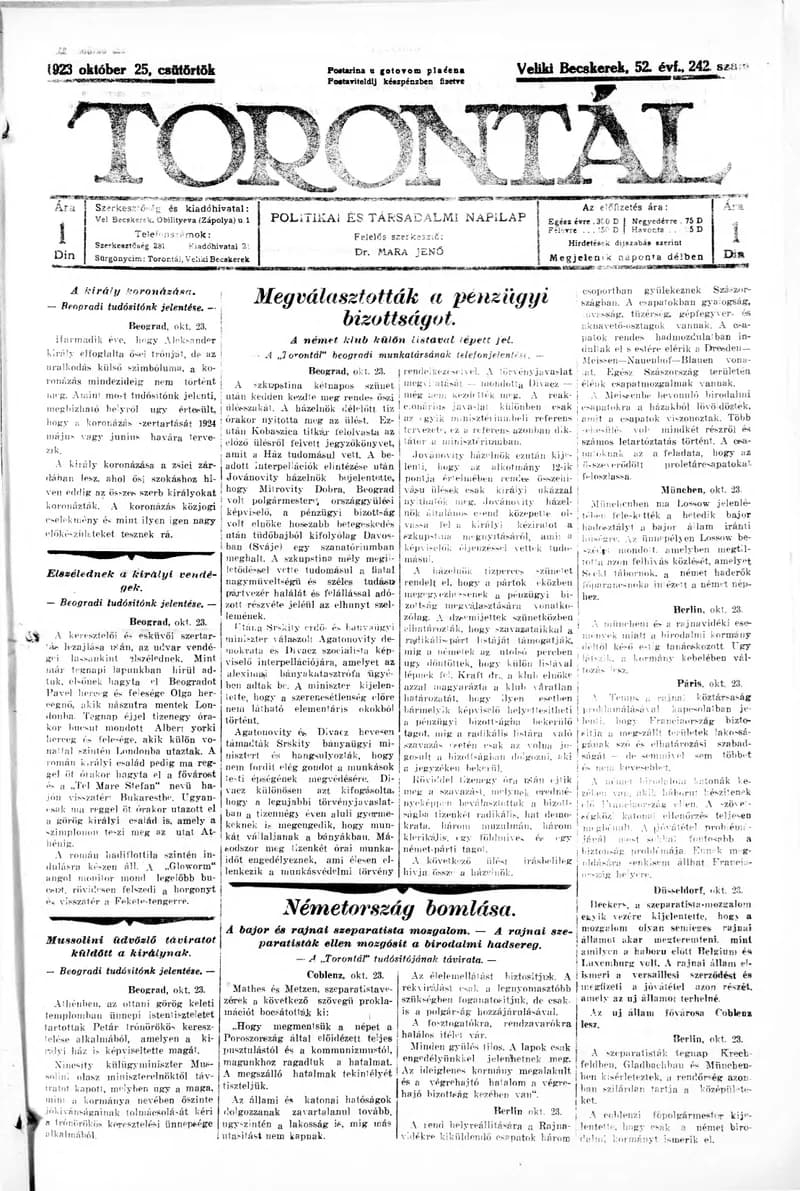 Torontál, 52. évf. 1923. október 25. 242. sz.