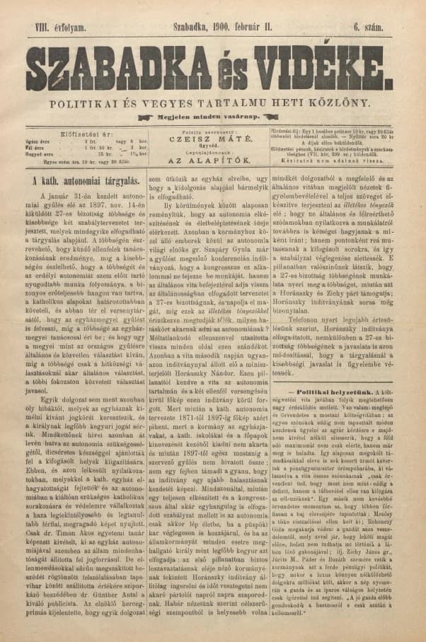 Szabadka és vidéke II, 8. évf. 1900. február 11. 6. sz.