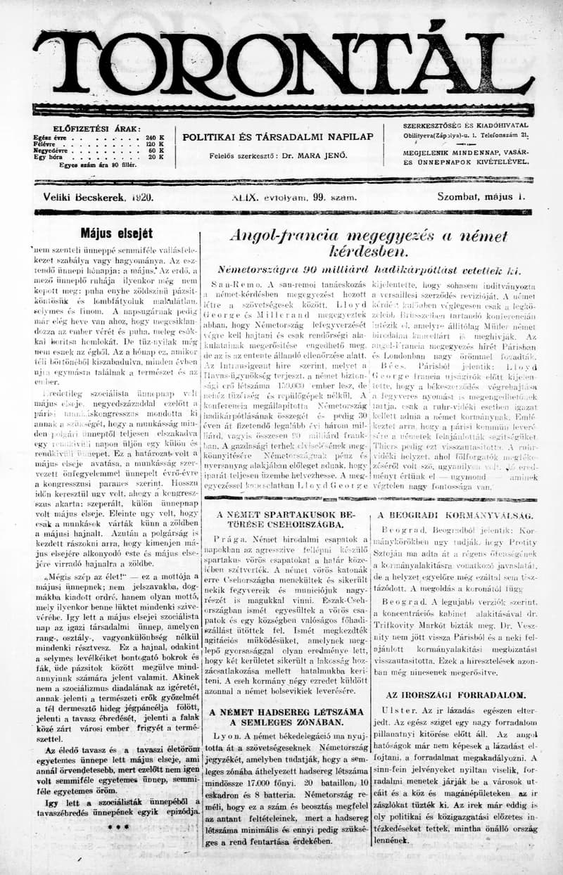 Torontál, 49. évf. 1920. május 1. 99. sz.