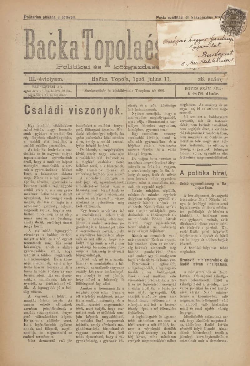 Bačka Topola és Vidéke, 3. évf. 1926. július 11. 28. sz.