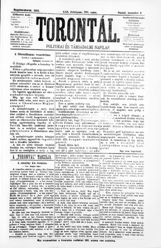 Torontál, 21. évf. 1892. november 11. 239. sz.