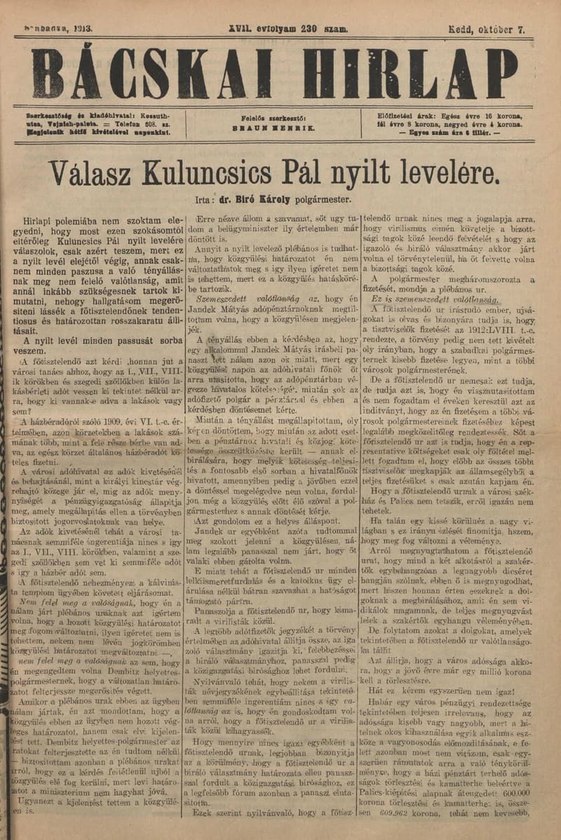 Bácskai Hirlap, 17. évf. 1913. október 7. 230. sz.
