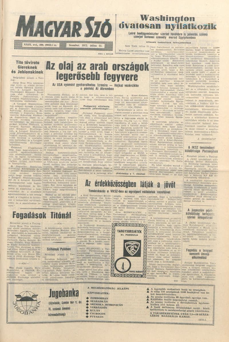 Magyar Szó, 29. évf. 1972. július 22. 200. sz. 1–16. oldal