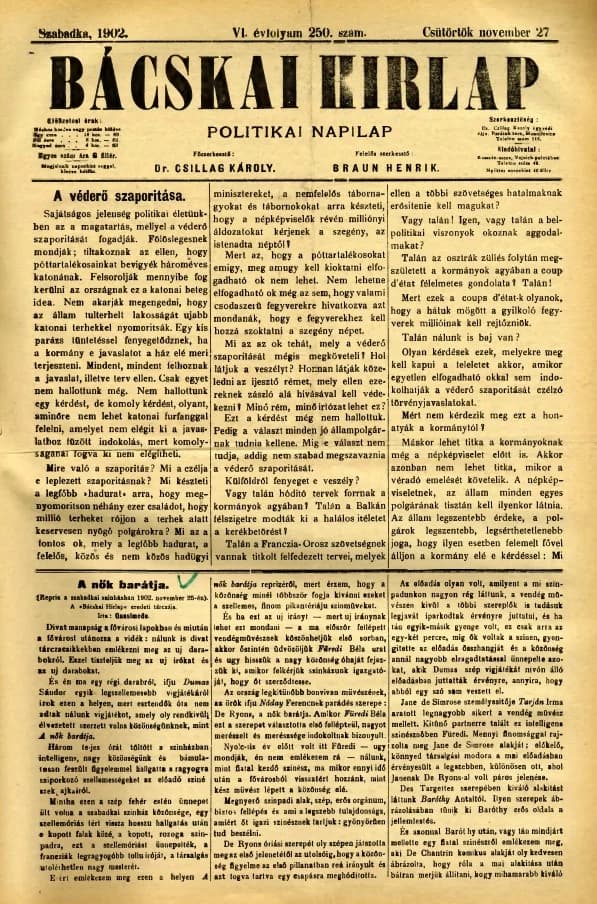 Bácskai Hirlap, 6. évf. 1902. november 27. 250. sz.