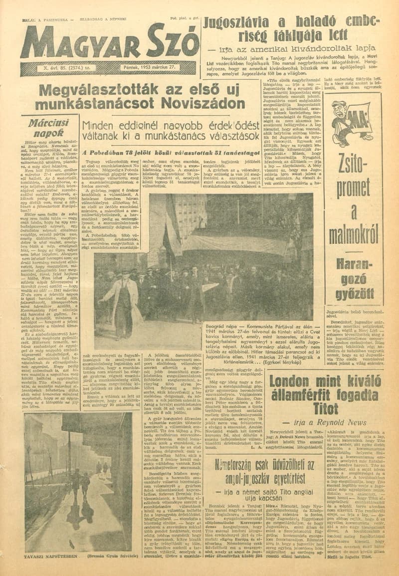 Magyar Szó, 10. évf. 1953. március 27. 85. sz. 1–10. oldal