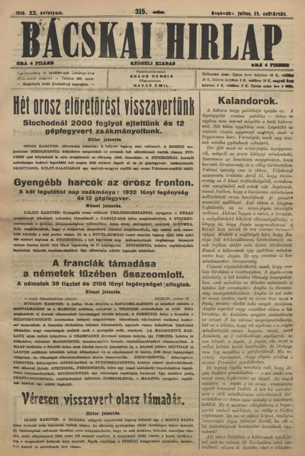 Bácskai Hirlap, 20. évf. 1916. július 13. 315. sz.