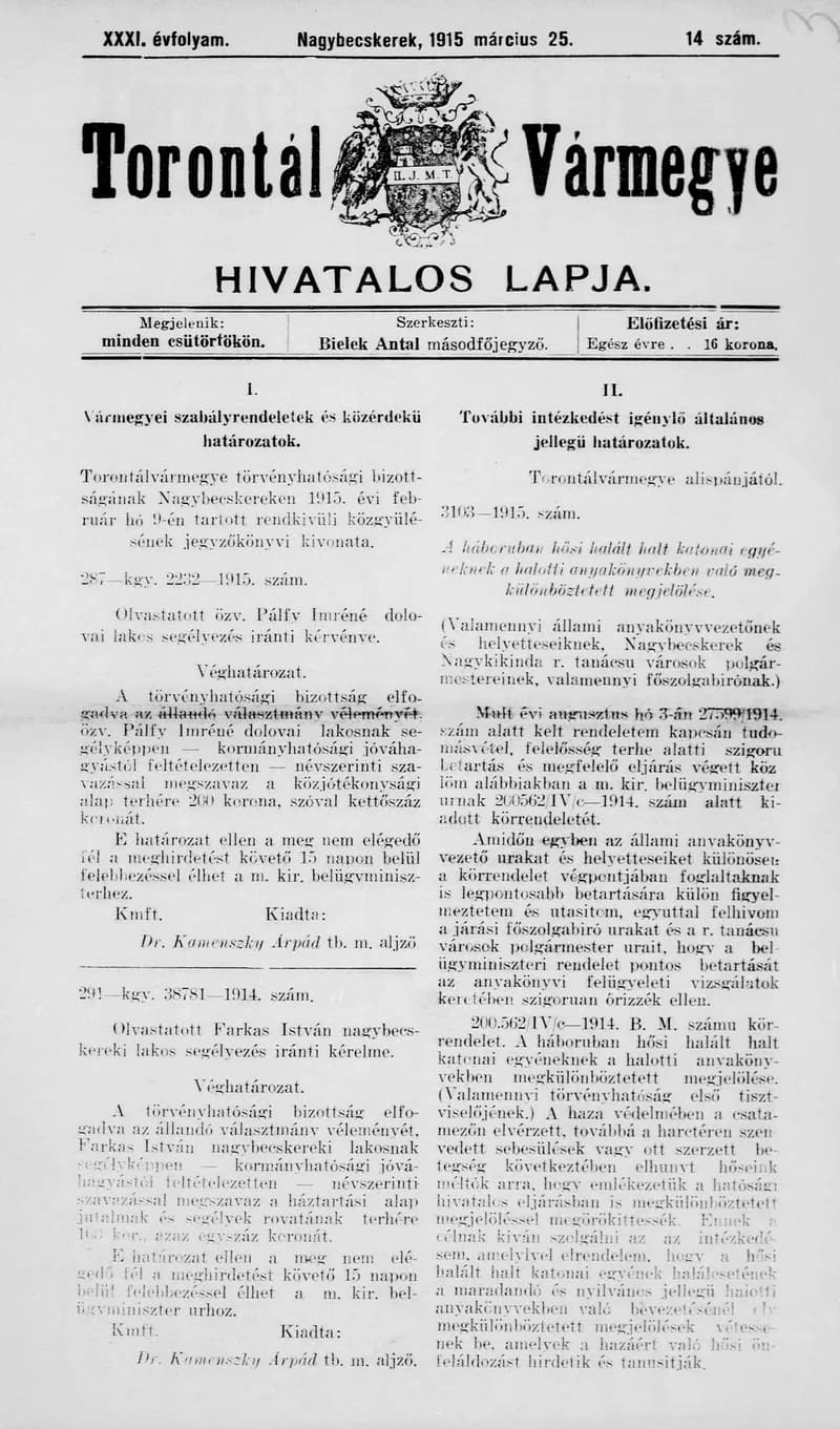 Torontál Vármegye Hivatalos Lapja, 31. évf. 1915. március 25. 14. sz.