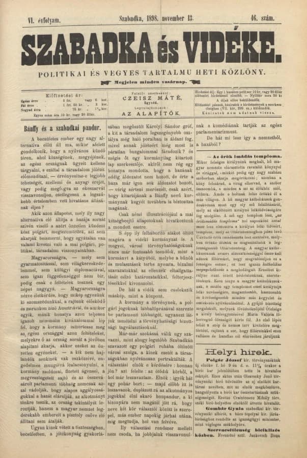 Szabadka és vidéke II, 6. évf. 1898. november 13. 46. sz.